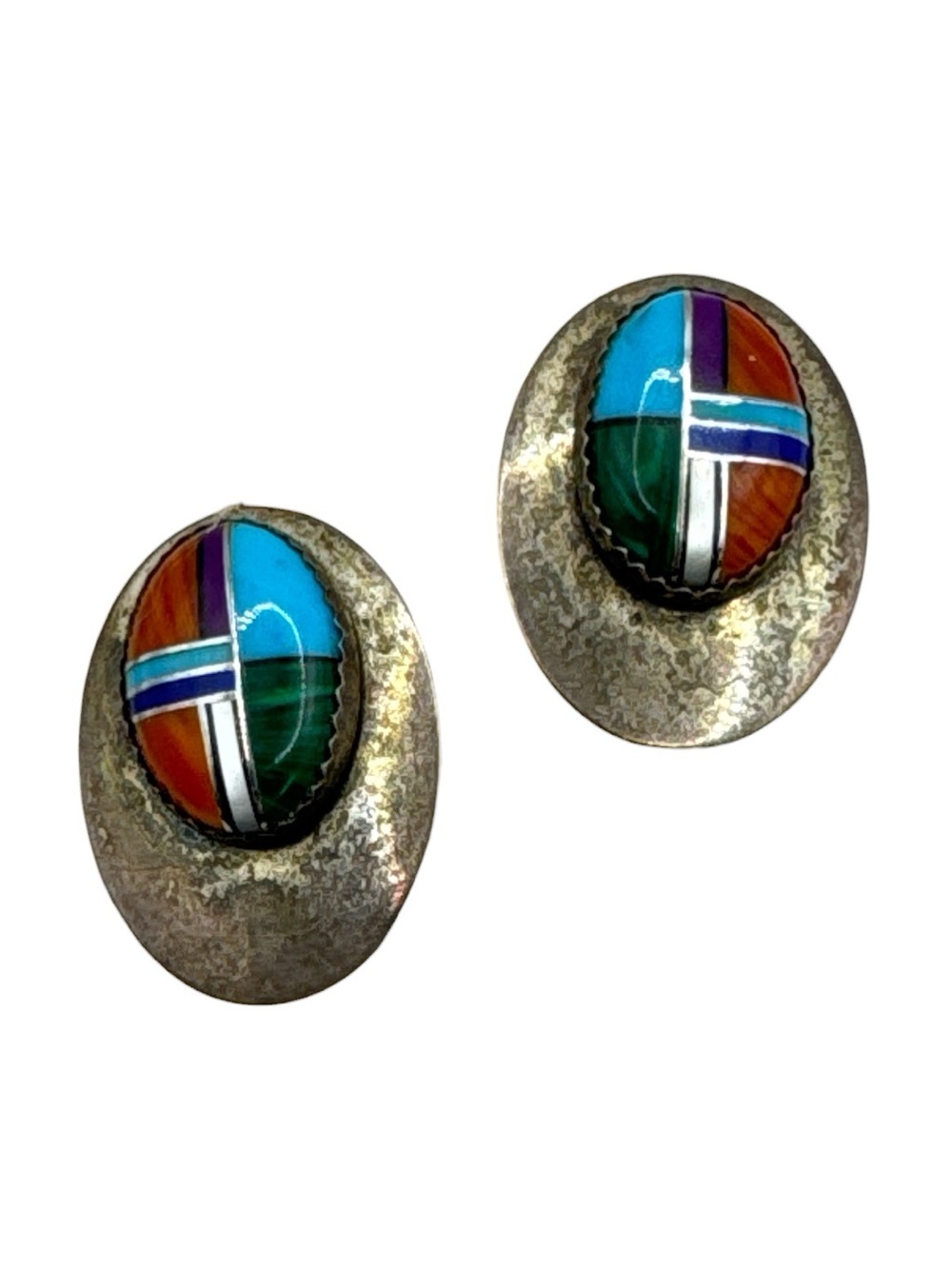 Vintage Southwest Sterling Silver Zuni Style Multi Stone Inlay Earrings 1 1/4”